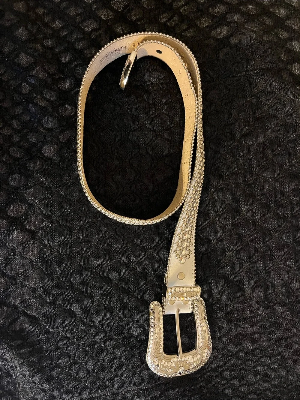 B.B. Simon Crystal-Studded Leather Belt with Rhinestone Buckle